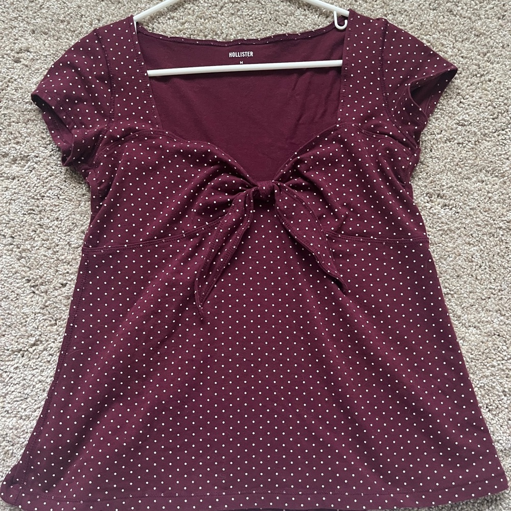 Hollister Easy Tie Bust Maroon Polka Dot Babydoll Top